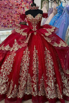 Sparkly Red Sequined Appliques Off the Shoulder Quinceanera Dress with Ruffles