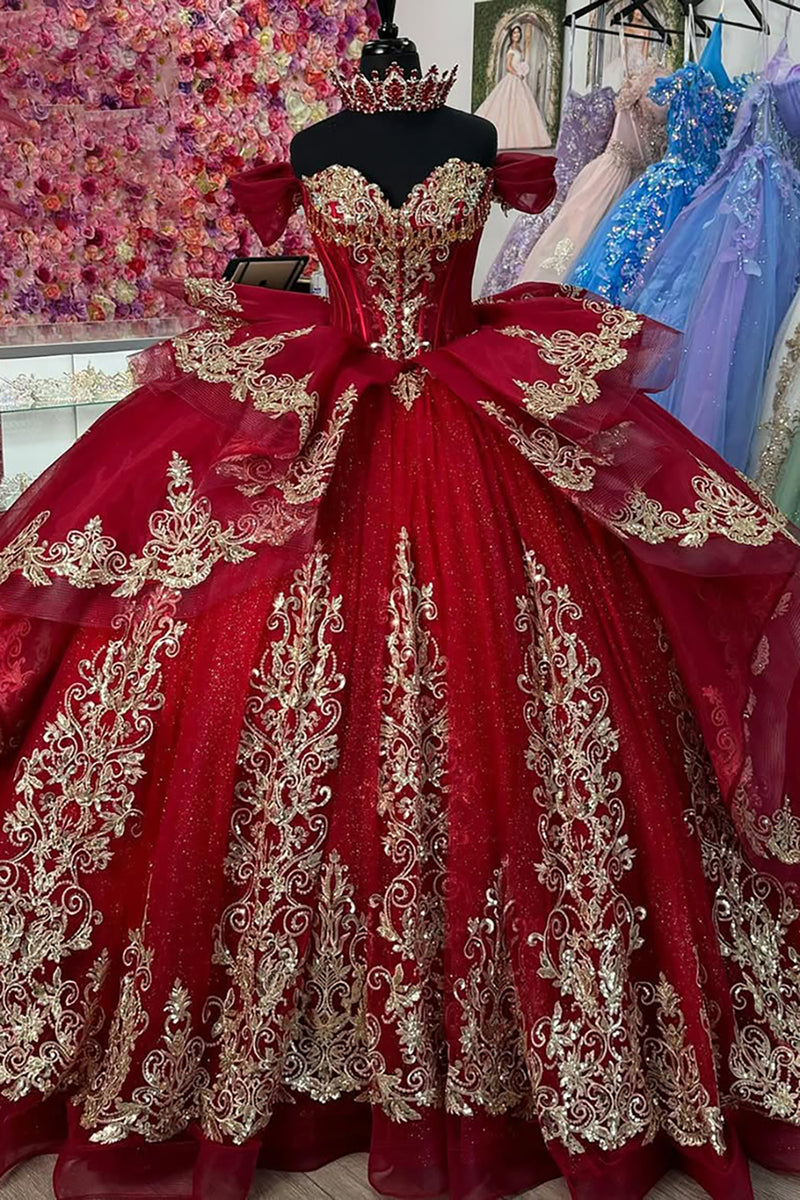 Load image into Gallery viewer, Sparkly Red Sequined Appliques Off the Shoulder Quinceanera Dress with Ruffles