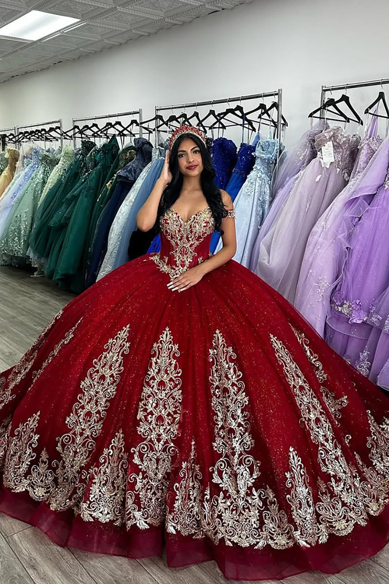 Load image into Gallery viewer, Sparkly Red Sequined Appliques Off the Shoulder Quinceanera Dress with Ruffles