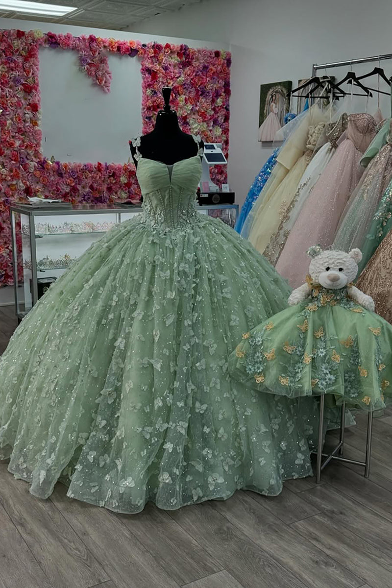 Load image into Gallery viewer, Sage Spaghetti Straps Tulle Corset Long Quinceanera Dress with Butterfly Appliques