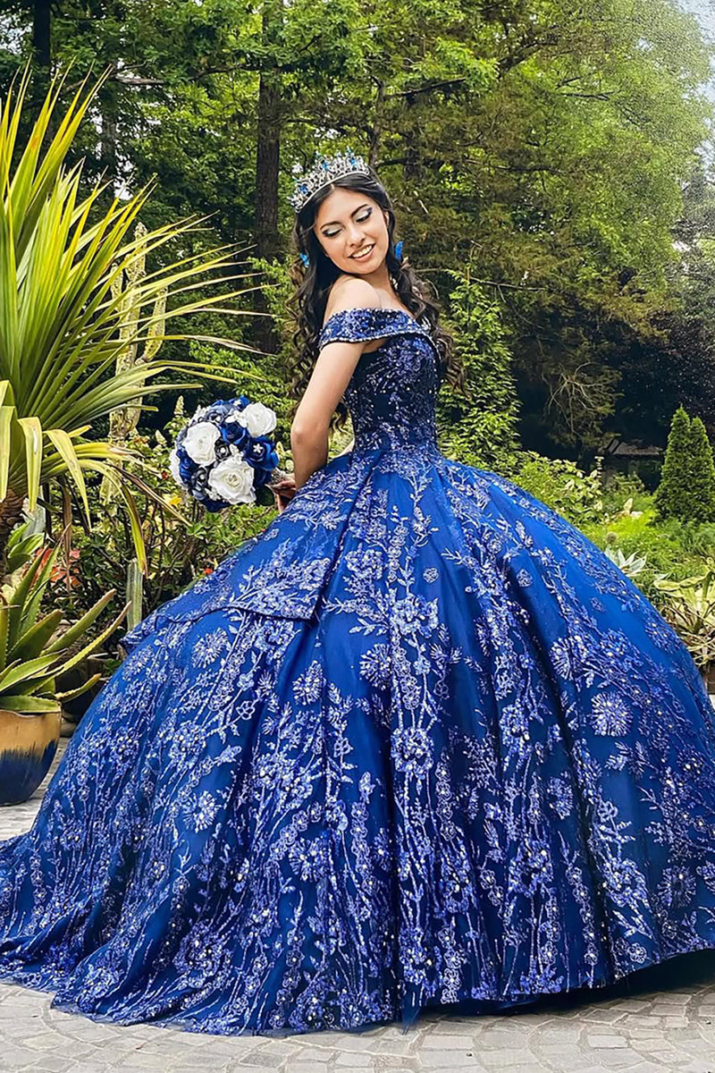 Load image into Gallery viewer, Sparkly Royal Blue Off the Shoulder Sequins Appliques Tulle Quinceanera Dress with Ruffles