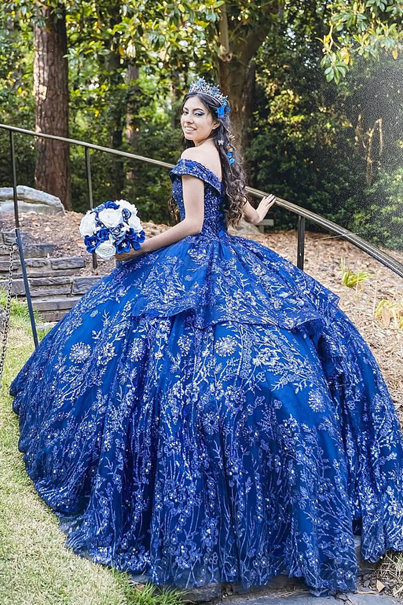 Load image into Gallery viewer, Sparkly Royal Blue Off the Shoulder Sequins Appliques Tulle Quinceanera Dress with Ruffles