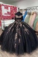 Load image into Gallery viewer, Black Off the Shoulder Appliques Rhinestones Tulle Quinceanera Dress with Sequins