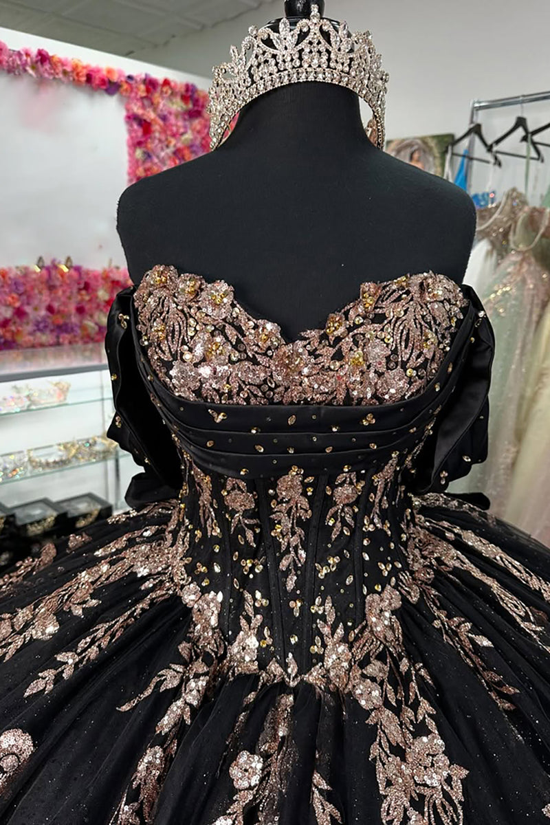 Load image into Gallery viewer, Black Off the Shoulder Appliques Rhinestones Tulle Quinceanera Dress with Sequins