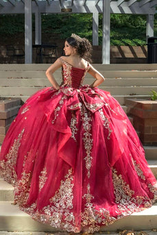 Sparkly Red Sequined Appliques Ruffle Off the Shoulder Quinceanera Dress with Bow