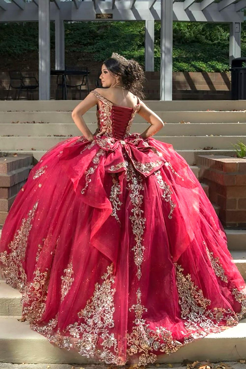 Load image into Gallery viewer, Sparkly Red Sequined Appliques Ruffle Off the Shoulder Quinceanera Dress with Bow