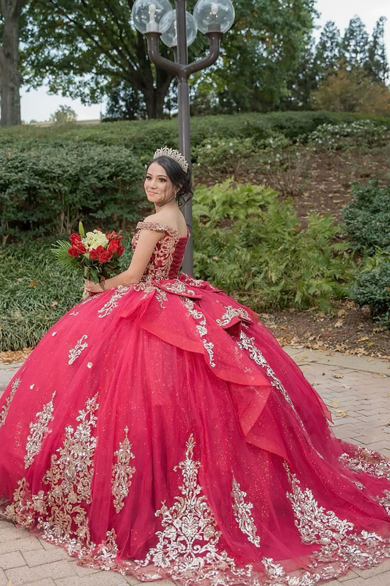 Load image into Gallery viewer, Sparkly Red Sequined Appliques Ruffle Off the Shoulder Quinceanera Dress with Bow