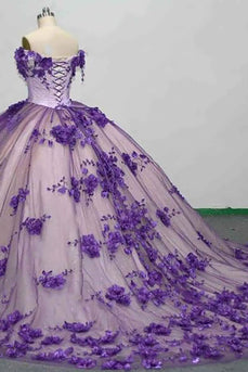 Glitter Purple Flowers Off the Shoulder Tulle Long Quinceanera Dress