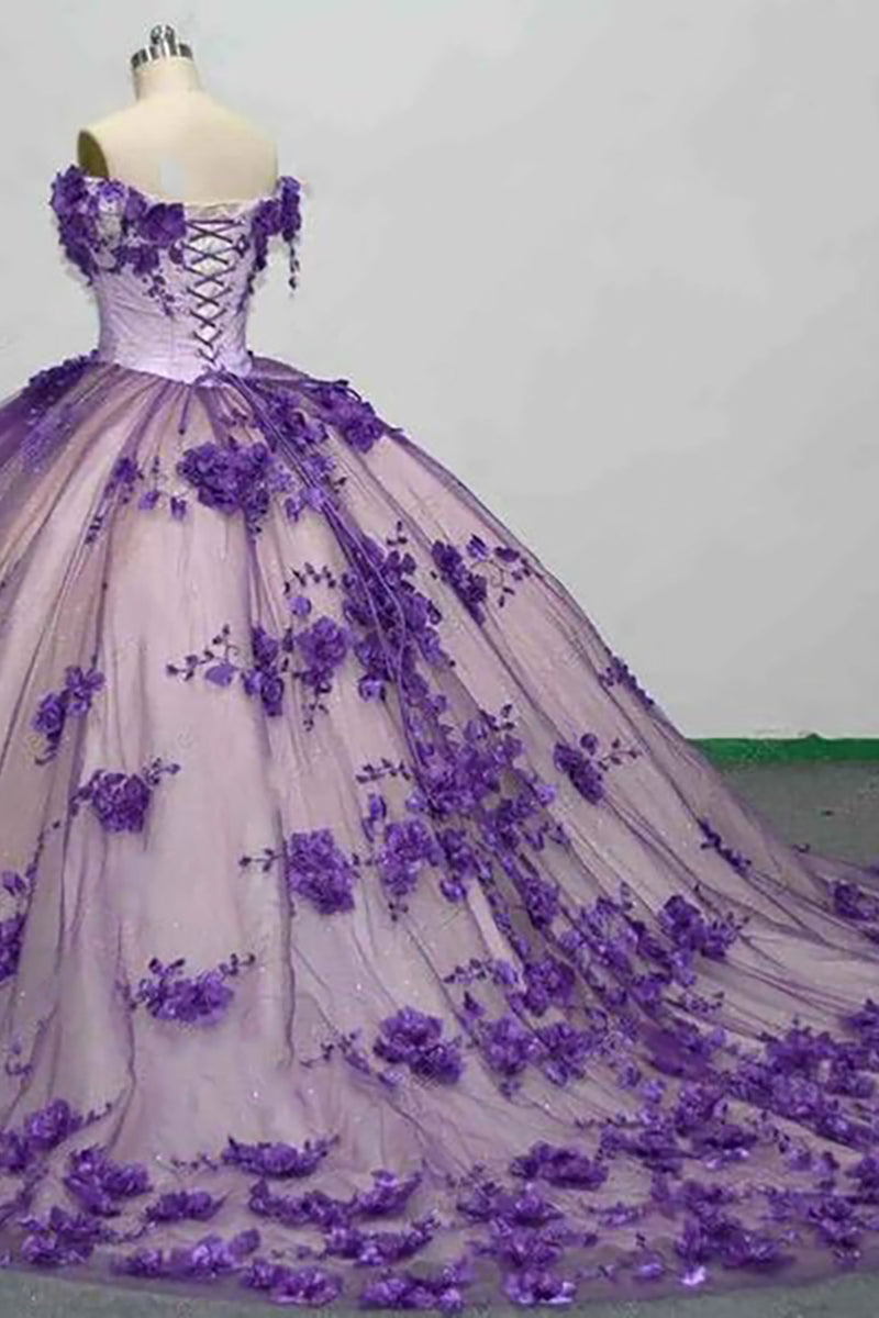 Load image into Gallery viewer, Glitter Purple Flowers Off the Shoulder Tulle Long Quinceanera Dress