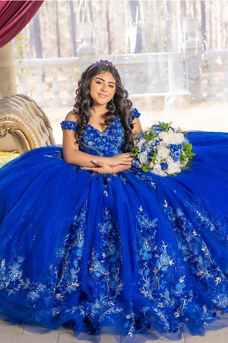 Load image into Gallery viewer, Off the Shoulder Sparkly Royal Blue Appliques Tulle Quinceanera Dress with Beaded