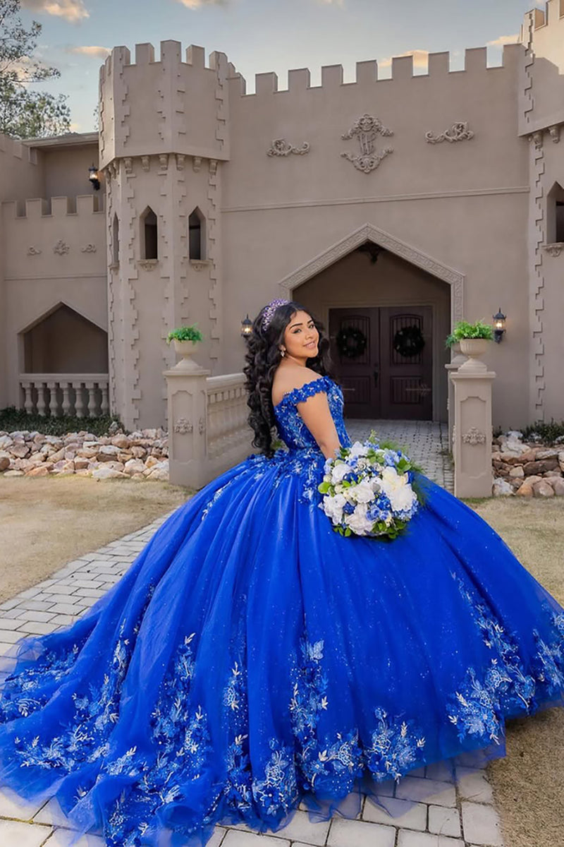 Load image into Gallery viewer, Off the Shoulder Sparkly Royal Blue Appliques Tulle Quinceanera Dress with Beaded
