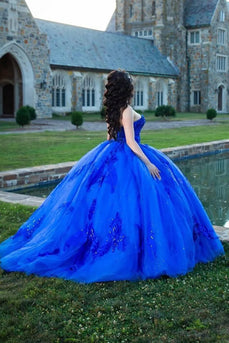 Sparkly Royal Blue Strapless Appliques Tulle Quinceanera Dress with Sequins