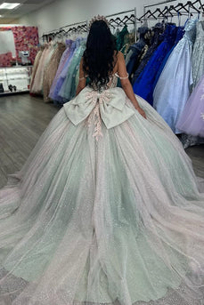 Off the Shoulder Sparkly Pink Sage Appliques Tulle Quinceanera Dress with Bow