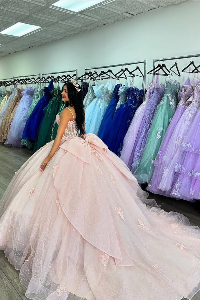 Load image into Gallery viewer, Glitter Pink Spaghetti Straps Appliques Corset Tulle Quinceanera Dress with Bow