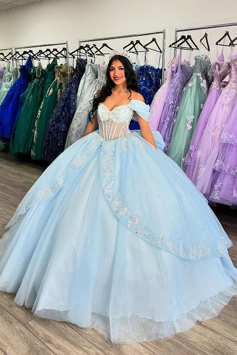 Load image into Gallery viewer, Corset Sparkly Sky Blue Off the Shoulder Ruffles Quinceanera Dress with Beaded