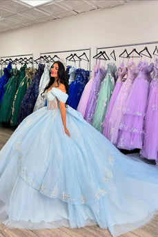 Corset Sparkly Sky Blue Off the Shoulder Ruffles Quinceanera Dress with Beaded