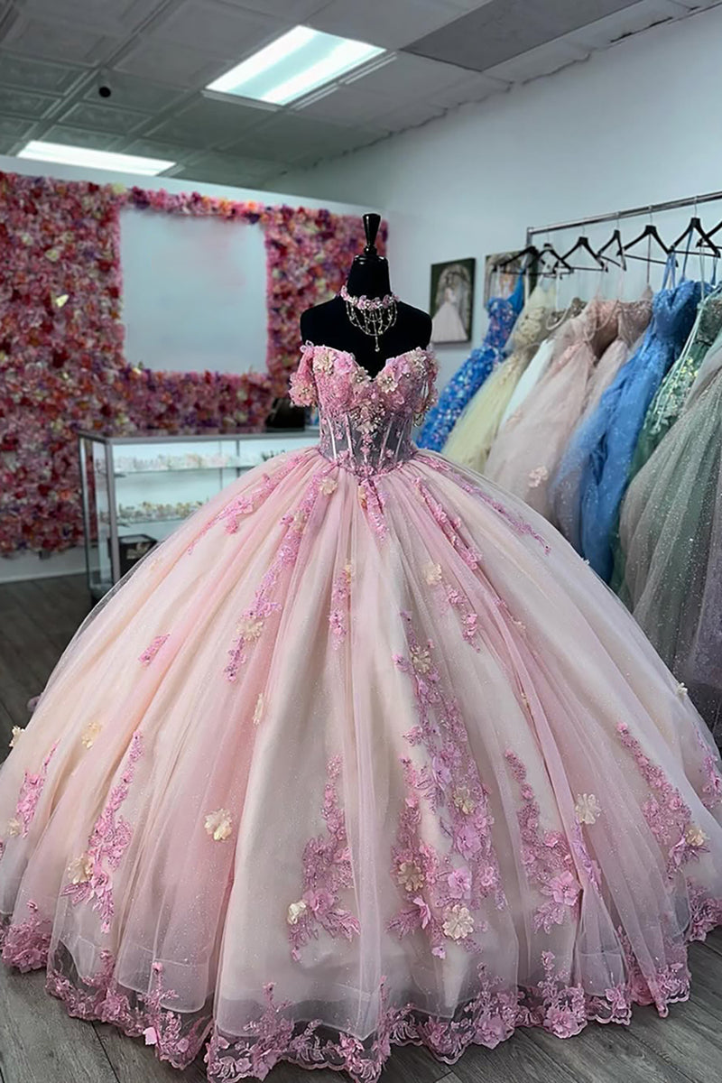 Load image into Gallery viewer, Sparkly Pink Flowers Appliques Off the Shoulder Tulle Quinceanera Dress with Sequins