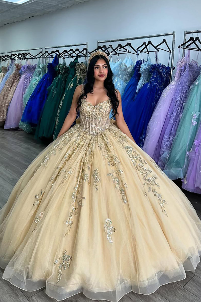 Load image into Gallery viewer, Sparkly Appliques Corset Spaghetti Straps Golden Tulle Long Quinceanera Dress with Sequins