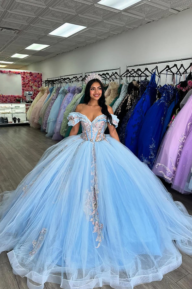 Load image into Gallery viewer, Sparkly Blue Ruffled Tulle Off the Shoulder Sequined Quinceanera Dress with Appliques