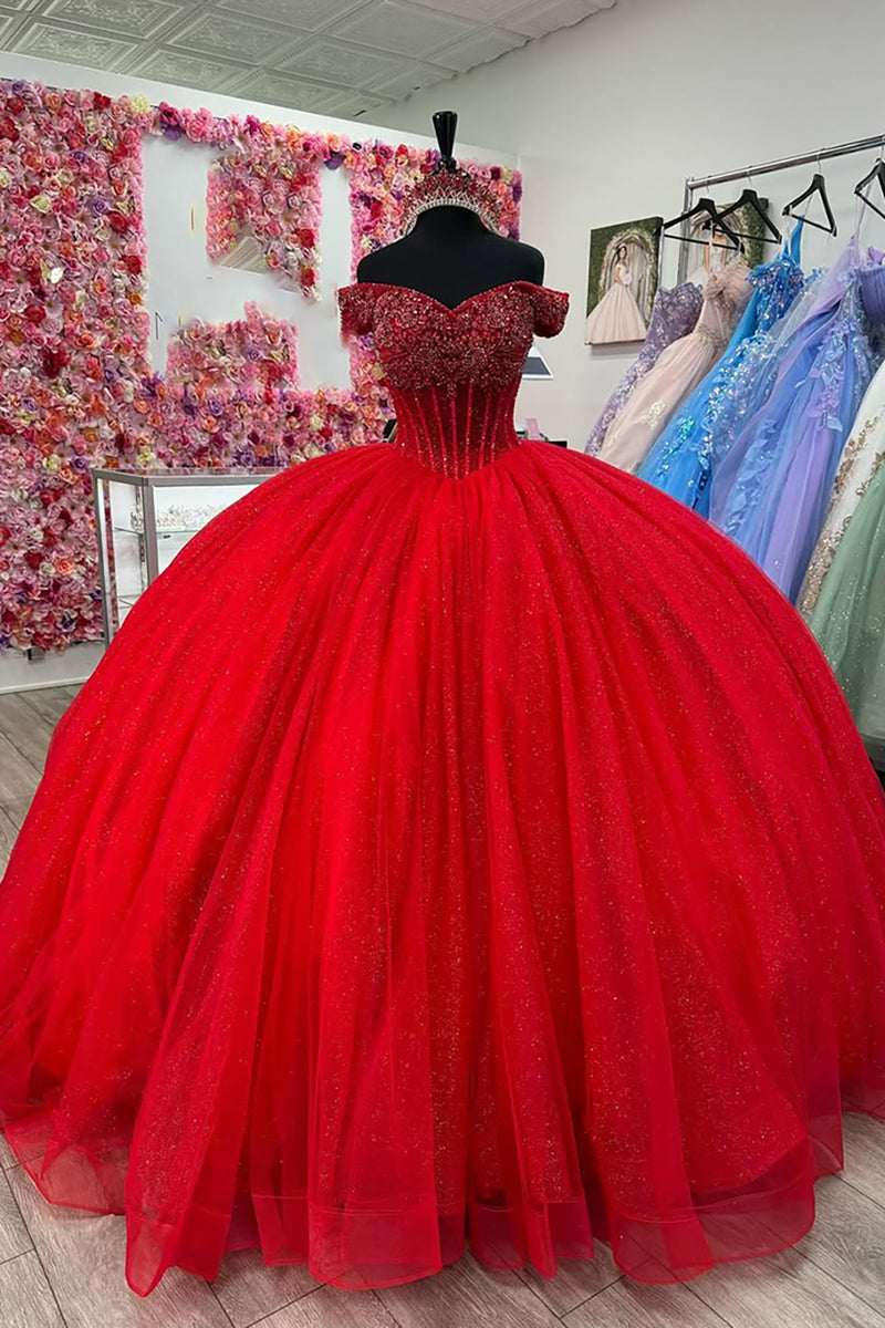 Load image into Gallery viewer, Sparkly Red Pleated Corset Off the Shoulder Quinceanera Dress with Beaded