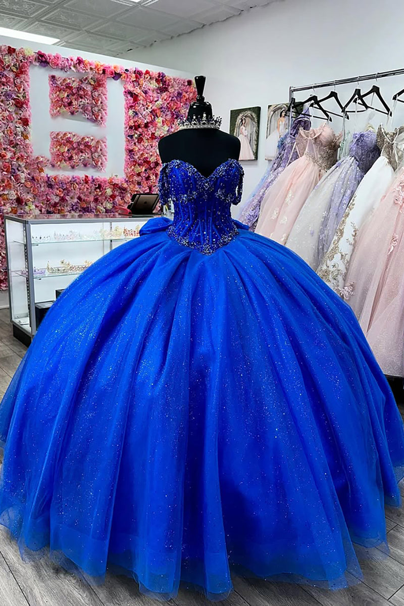 Load image into Gallery viewer, Glitter Royal Blue Corset Beaded Off the Shoulder Long Ball Gown