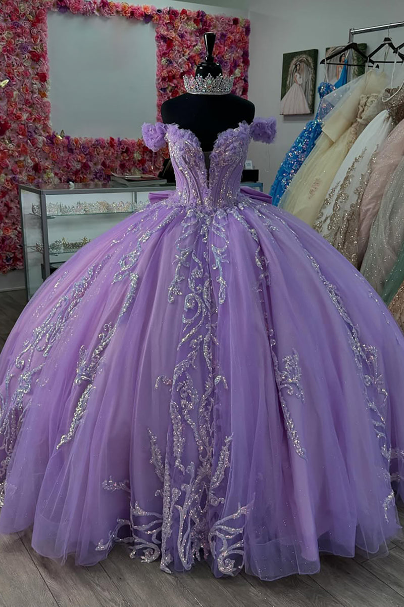 Load image into Gallery viewer, Sparkly Purple Off the Shoulder Sequined Princess Tulle Ball Gown
