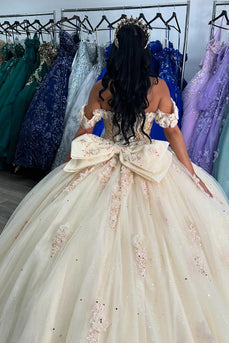 Off the Shoulder Sparkly Beige Beaded Appliques Tulle Quinceanera Dress with Bow