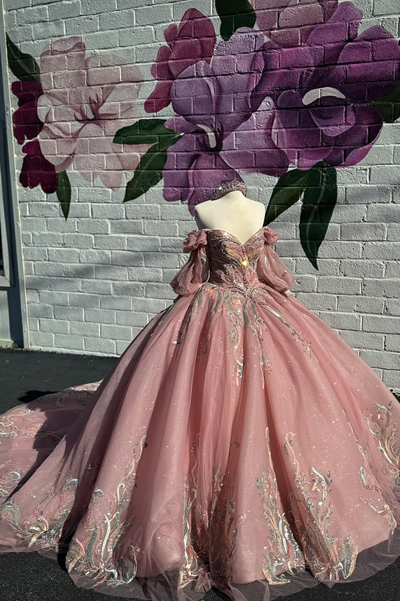 Load image into Gallery viewer, Sparkly Grey Pink Beading Embroidery Tulle Quinceanera Dress with Off the Shoulder
