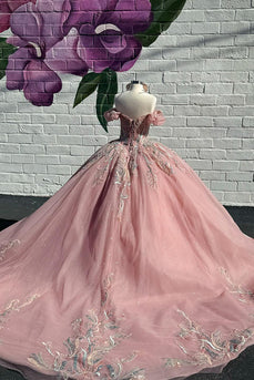 Sparkly Grey Pink Beading Embroidery Tulle Quinceanera Dress with Off the Shoulder