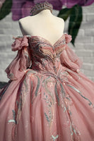 Load image into Gallery viewer, Sparkly Grey Pink Beading Embroidery Tulle Quinceanera Dress with Off the Shoulder