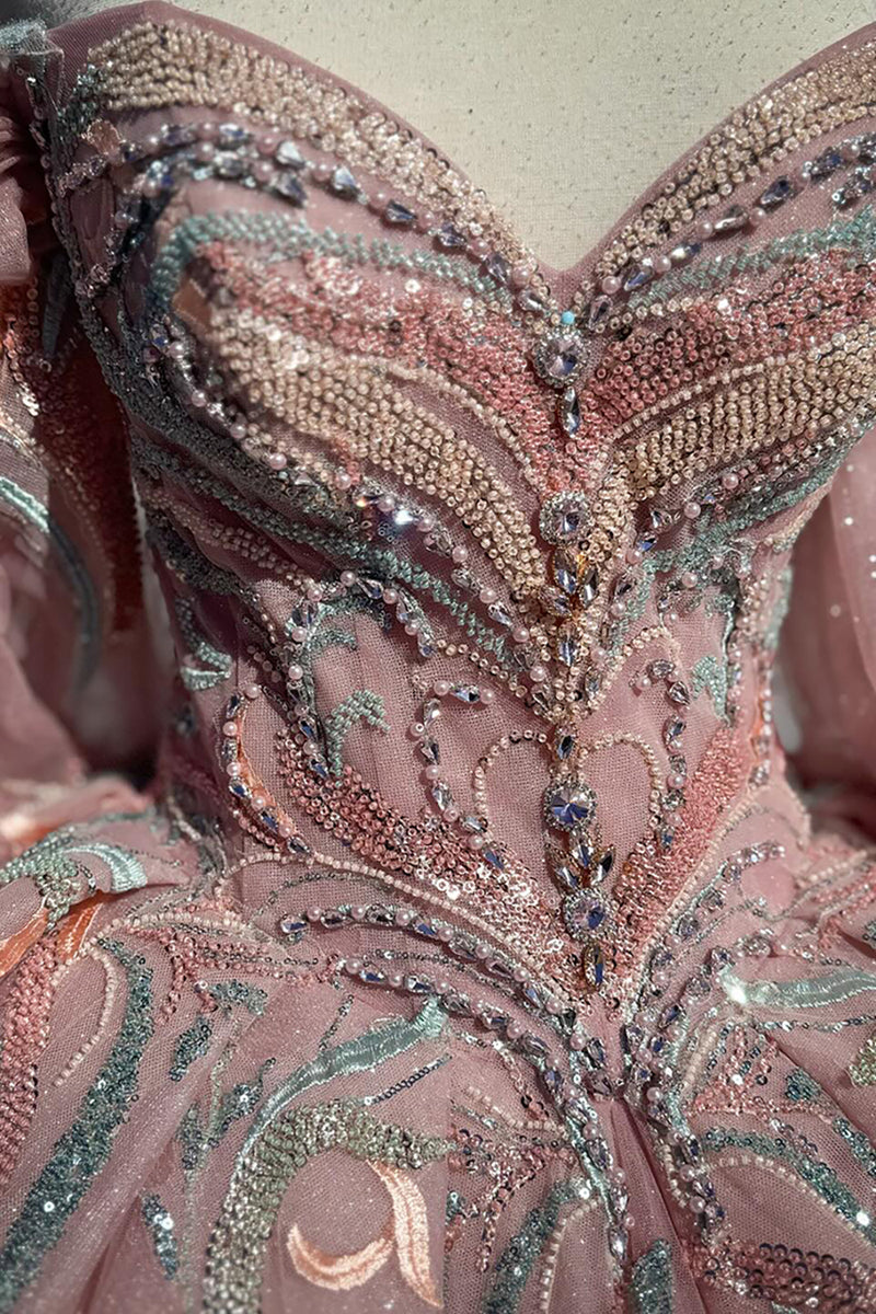 Load image into Gallery viewer, Sparkly Grey Pink Beading Embroidery Tulle Quinceanera Dress with Off the Shoulder