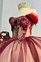 Load image into Gallery viewer, Off the Shoulder Sparkly Red Appliques Beaded Tulle Ball Gown with Bow