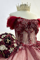 Load image into Gallery viewer, Off the Shoulder Sparkly Red Appliques Beaded Tulle Ball Gown with Bow