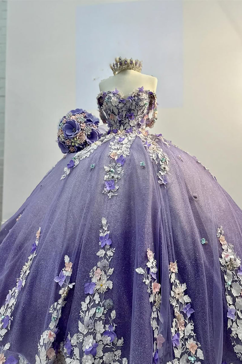 Load image into Gallery viewer, Glitter Purple Flowers Appliques Off the Shoulder Tulle Ball Gown with Beaded
