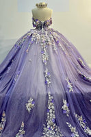 Load image into Gallery viewer, Glitter Purple Flowers Appliques Off the Shoulder Tulle Ball Gown with Beaded