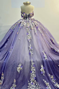 Glitter Purple Flowers Appliques Off the Shoulder Tulle Ball Gown with Beaded