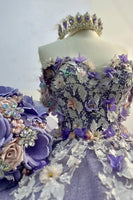 Load image into Gallery viewer, Glitter Purple Flowers Appliques Off the Shoulder Tulle Ball Gown with Beaded