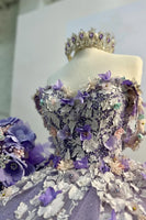Load image into Gallery viewer, Glitter Purple Flowers Appliques Off the Shoulder Tulle Ball Gown with Beaded