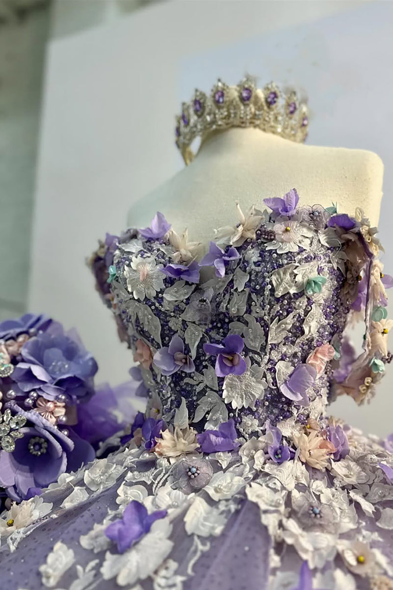 Load image into Gallery viewer, Glitter Purple Flowers Appliques Off the Shoulder Tulle Ball Gown with Beaded