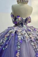 Load image into Gallery viewer, Glitter Purple Flowers Appliques Off the Shoulder Tulle Ball Gown with Beaded