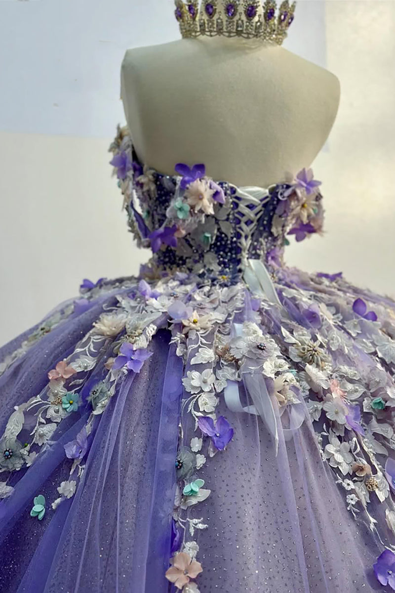 Load image into Gallery viewer, Glitter Purple Flowers Appliques Off the Shoulder Tulle Ball Gown with Beaded