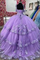 Load image into Gallery viewer, Ruffles Purple Cold Shoulder Appliques Tulle Long Ball Gown