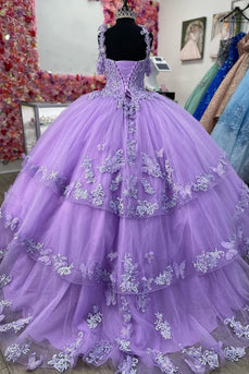 Ruffles Purple Cold Shoulder Appliques Tulle Long Ball Gown
