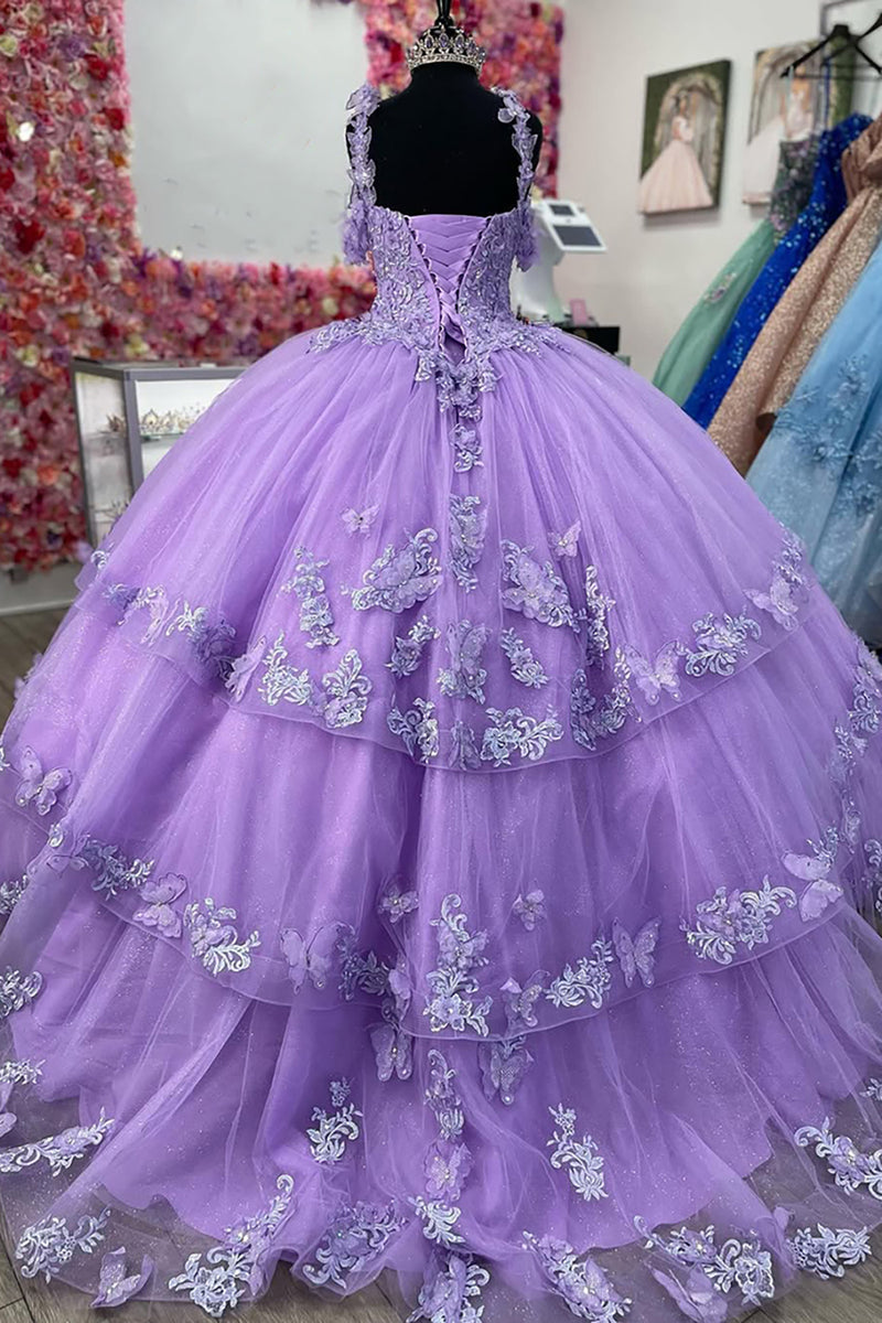 Load image into Gallery viewer, Ruffles Purple Cold Shoulder Appliques Tulle Long Ball Gown