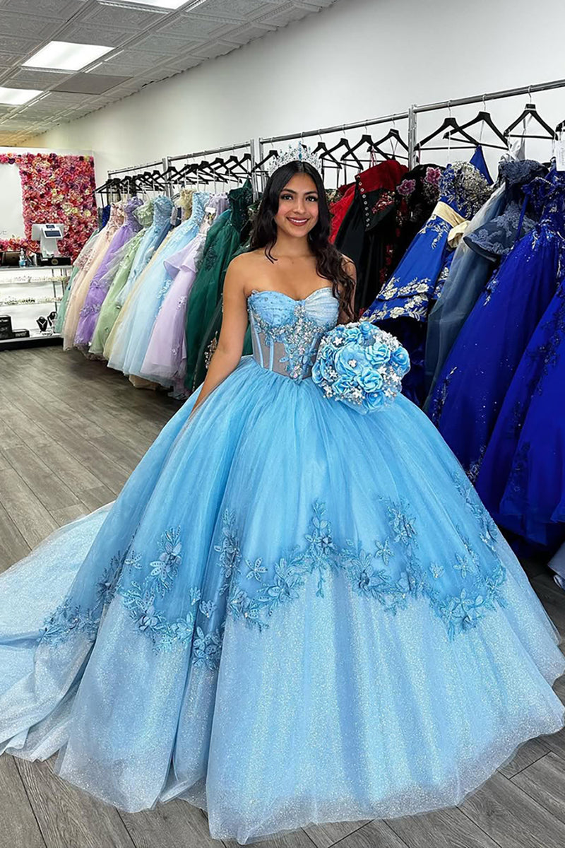 Load image into Gallery viewer, Strapless Glitter Appliques Blue Tulle Corset Long Ball Gown