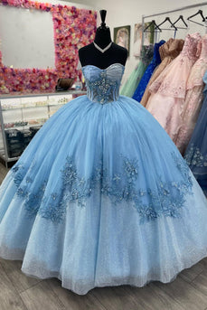 Strapless Glitter Appliques Blue Tulle Corset Long Ball Gown