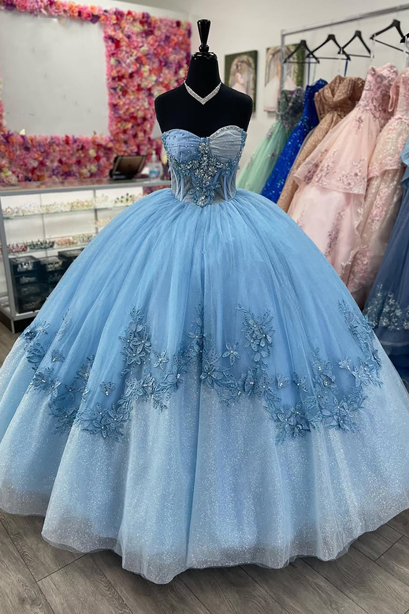 Load image into Gallery viewer, Strapless Glitter Appliques Blue Tulle Corset Long Ball Gown