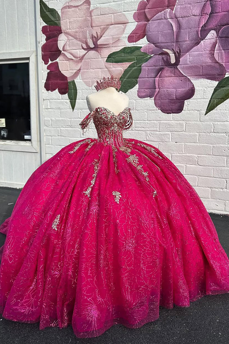 Load image into Gallery viewer, Sparkly Fuchsia Off the Shoulder Ruffles Tulle Corset Quinceanera Dress with Sequins