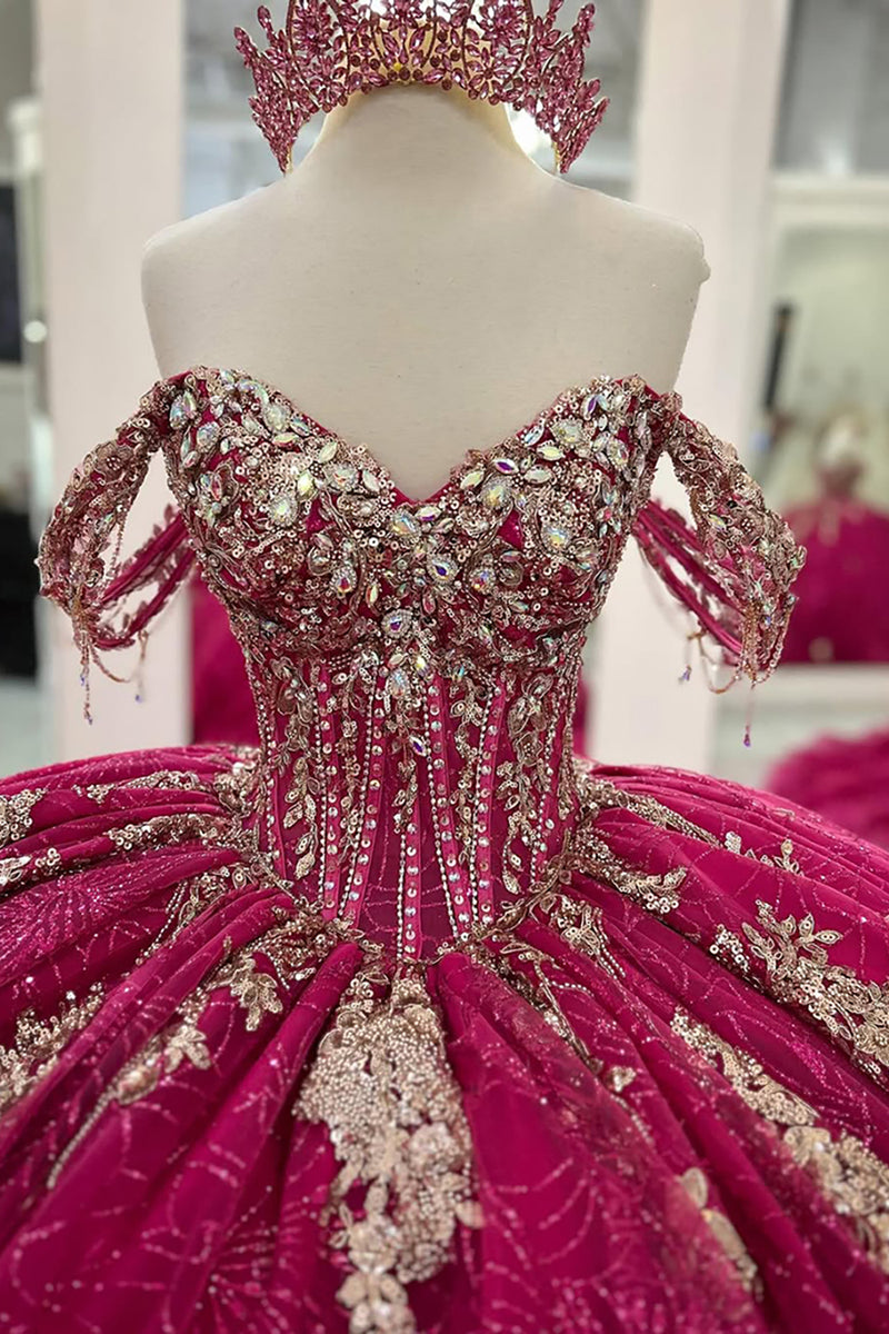 Load image into Gallery viewer, Sparkly Fuchsia Off the Shoulder Ruffles Tulle Corset Quinceanera Dress with Sequins