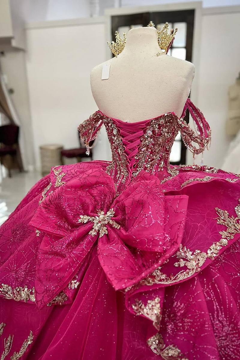 Load image into Gallery viewer, Sparkly Fuchsia Off the Shoulder Ruffles Tulle Corset Quinceanera Dress with Sequins